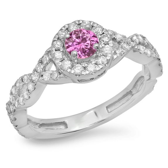 Dazzlingrock Collection 14K Pink Sapphire & White Diamond Swirl Split Shank Bridal Halo Engagement Ring, White Gold, Size 6