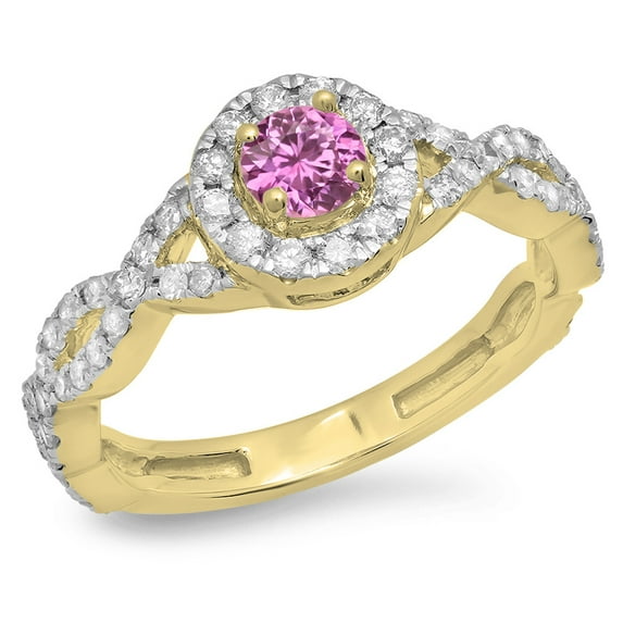 Dazzlingrock Collection 14K Pink Sapphire & White Diamond Swirl Split Shank Bridal Halo Engagement Ring, Yellow Gold, Size 7.5