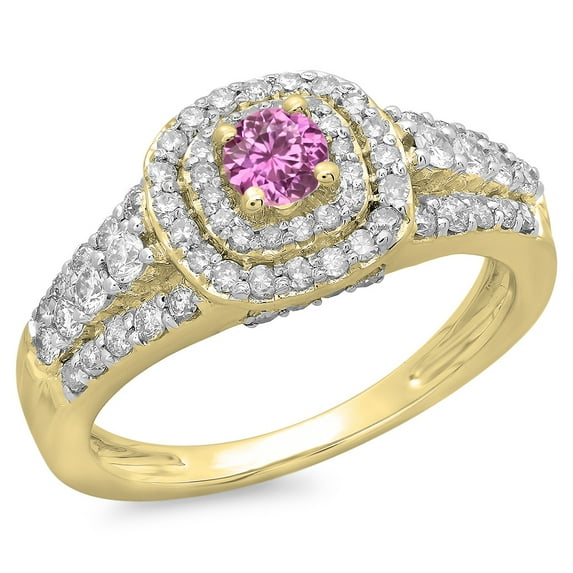 Dazzlingrock Collection 14K Pink Sapphire & White Diamond Vintage Style Bridal Halo Engagement Ring, Yellow Gold, Size 9