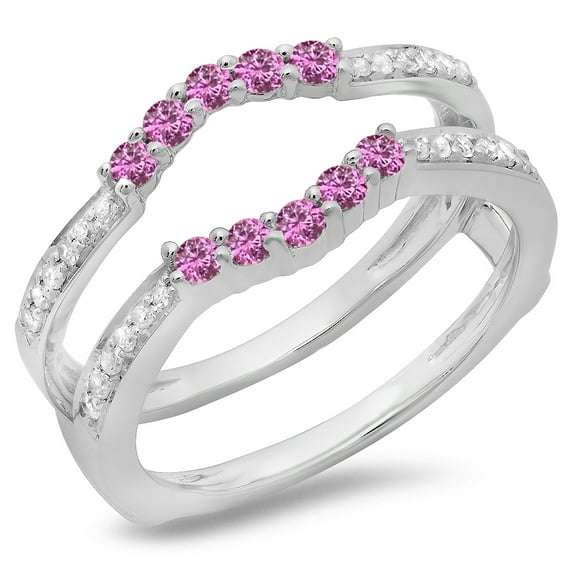 Dazzlingrock Collection 14K Pink Sapphire & White Diamond Wedding Band 5 Stone Enhancer Guard Double Ring, White Gold, Size 5.5