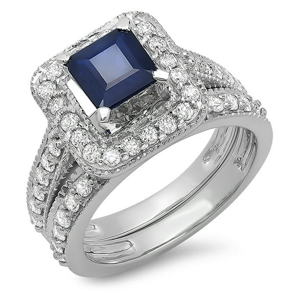 Dazzlingrock Collection 14K Princess Blue Sapphire and White Diamond Halo Engagement Matching Ring Set, White Gold, Size 5.5