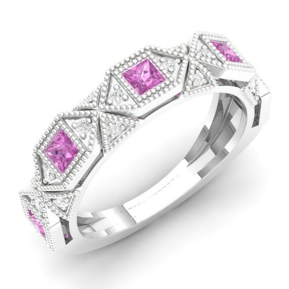 Dazzlingrock Collection 14K Princess Pink Sapphire & Round White Diamond Ladies Vintage Wedding Band, White Gold, Size 4.5