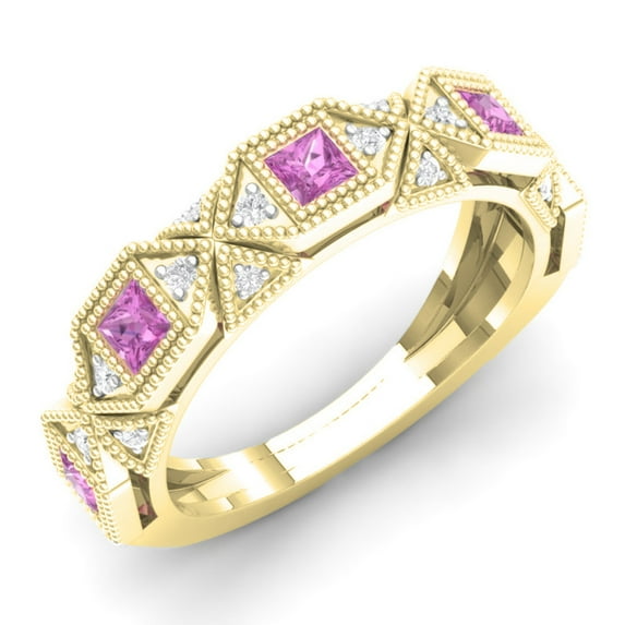 Dazzlingrock Collection 14K Princess Pink Sapphire & Round White Diamond Ladies Vintage Wedding Band, Yellow Gold, Size 7