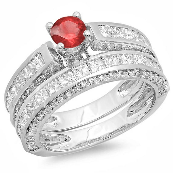 Dazzlingrock Collection 14K Princess & Round Ruby & White Diamond Ladies Bridal Engagement Ring Set, White Gold, Size 6.5
