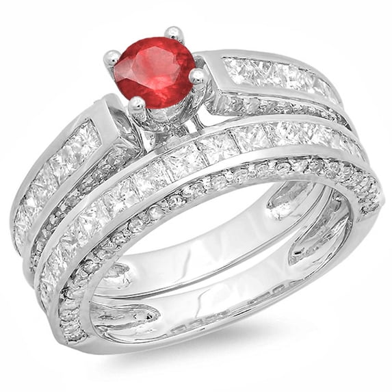 Dazzlingrock Collection 14K Princess & Round Ruby & White Diamond Ladies Bridal Engagement Ring Set, White Gold, Size 8.5