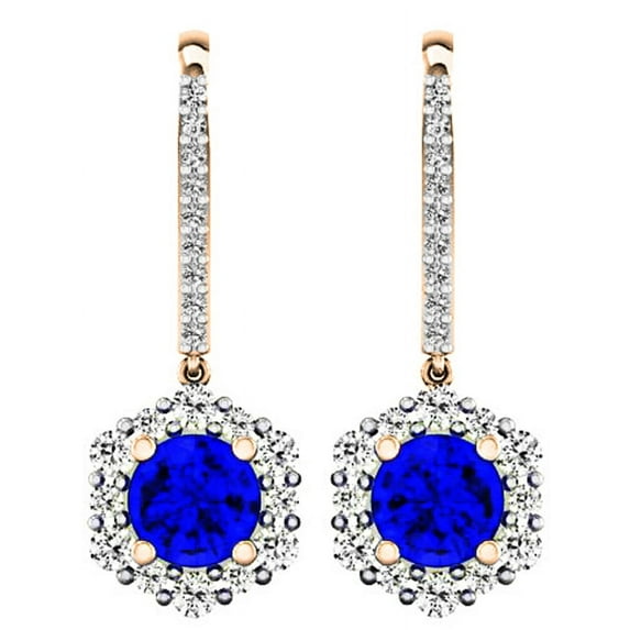 Dazzlingrock Collection 14K Round 4.5 MM Each Round Blue Sapphire & Diamond Ladies Halo Dangling Drop Earrings, Rose Gold