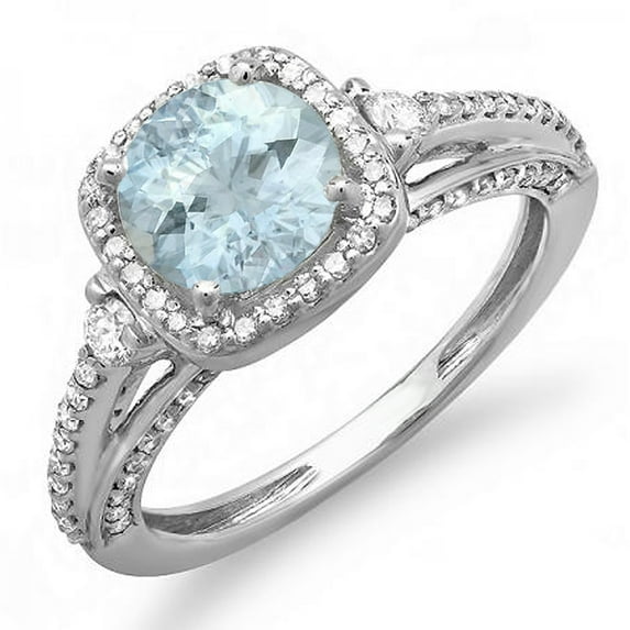 Dazzlingrock Collection 14K Round 7.5 MM Aquamarine & White Diamond Ladies Halo Engagement Ring, White Gold, Size 6.5