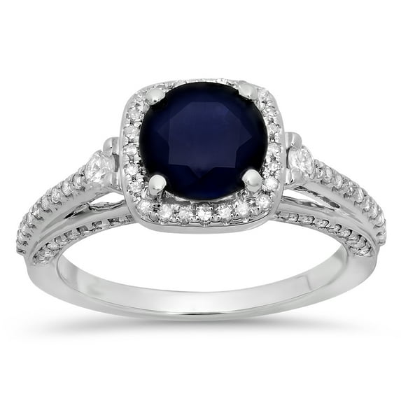 Dazzlingrock Collection 14K Round 7.5 MM Blue Sapphire & White Diamond Ladies Halo Engagement Ring, White Gold, Size 7.5