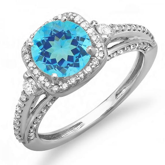 Dazzlingrock Collection 14K Round 7.5 MM Blue Topaz & White Diamond Ladies Halo Engagement Ring, White Gold, Size 8