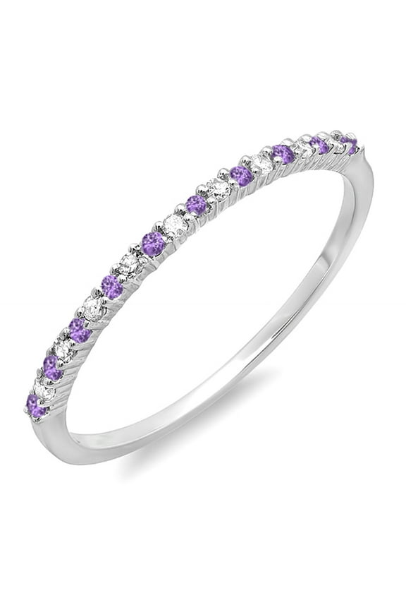Collection 14K Round Amethyst, White Diamond Ladies Wedding Ring, White Gold, Size 9