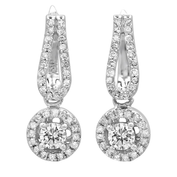 Dazzlingrock Collection 14K Round Aquamarine & Diamond Ladies Halo Drop Earrings, White Gold