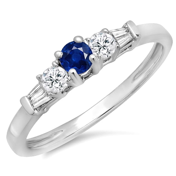 Dazzlingrock Collection 14K Round & Baguette Blue Sapphire & White Diamond 3 Stone Engagement Bridal Ring, White Gold, Size 7