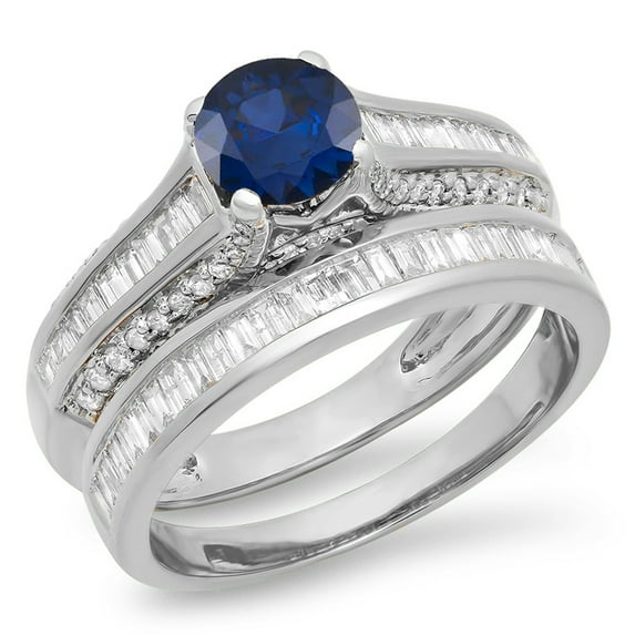Dazzlingrock Collection 14K Round & Baguette Cut Blue Sapphire & White Diamond Bridal Engagement Ring Set, White Gold, Size 7.5