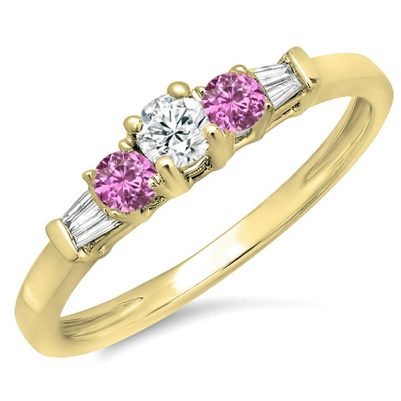 Dazzlingrock Collection 14K Round & Baguette Pink Sapphire & White Diamond 3 Stone Engagement Bridal Ring, Yellow Gold, Size 6.5
