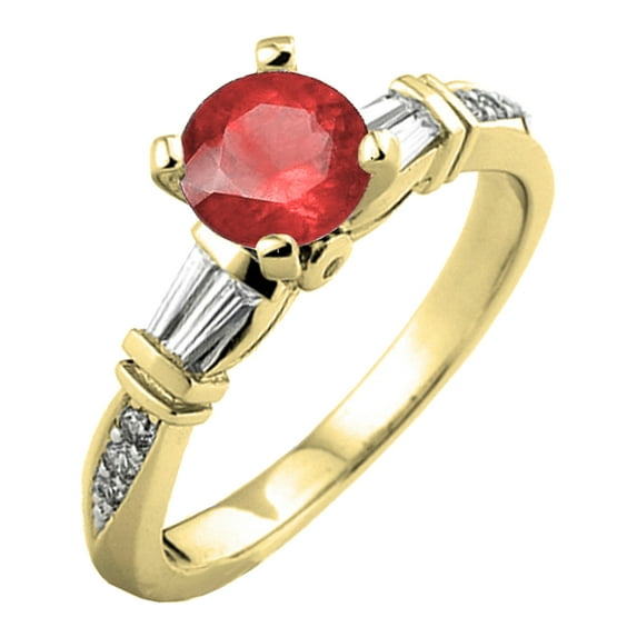 Dazzlingrock Collection 14K Round & Baguette Ruby & White Diamond Ladies Bridal Engagement Ring, Yellow Gold, Size 9