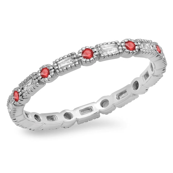 Dazzlingrock Collection 14K Round & Baguette Ruby & White Diamond Wedding Eternity Stackable Band, White Gold, Size 7