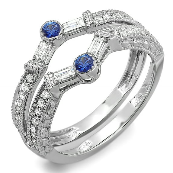 Dazzlingrock Collection 14K Round & Baguette White Diamond & Blue Sapphire Wedding Enhancer Guard Band, White Gold, Size 6