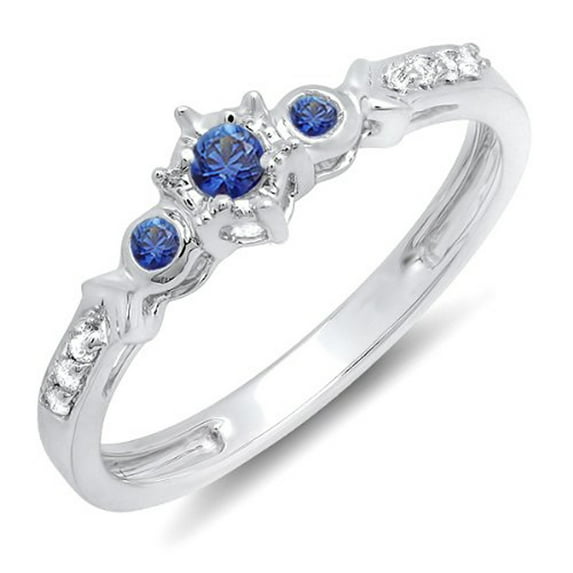 Dazzlingrock Collection 14K Round Blue Sapphire And White Diamond 3 Stone Bridal Engagement Promise Ring, White Gold, Size 5.5