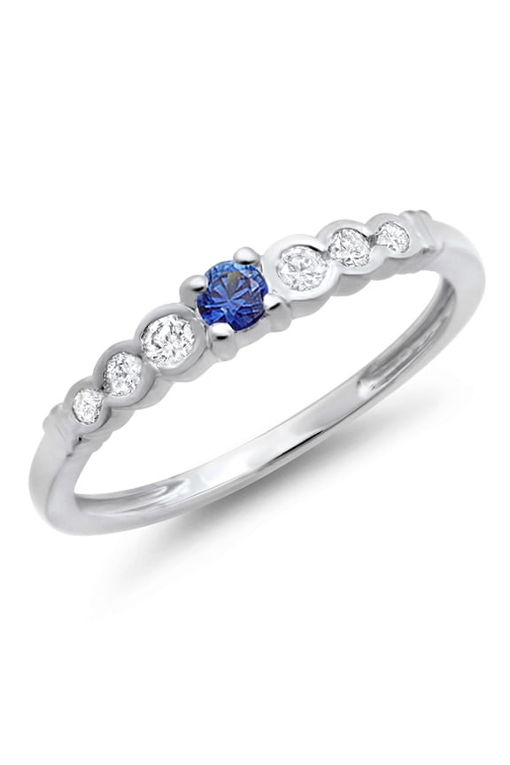 Collection 14K Round Blue Sapphire And White Diamond Anniversary Wedding Band Stackable Ring, White Gold, Size 8