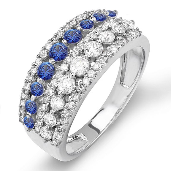 Dazzlingrock Collection 14K Round Blue Sapphire And White Diamond Ladies Anniversary Wedding Band Ring, White Gold, Size 8