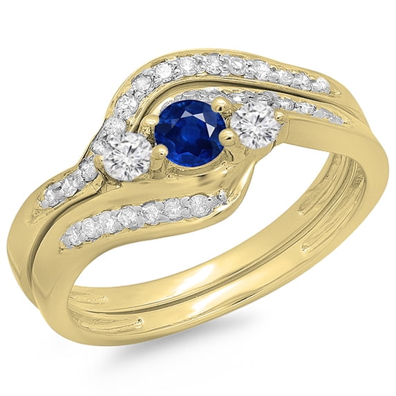 Dazzlingrock Collection 14K Round Blue Sapphire And White Diamond Swirl Bridal 3 Stone Engagement Ring Set, Yellow Gold, Size 8