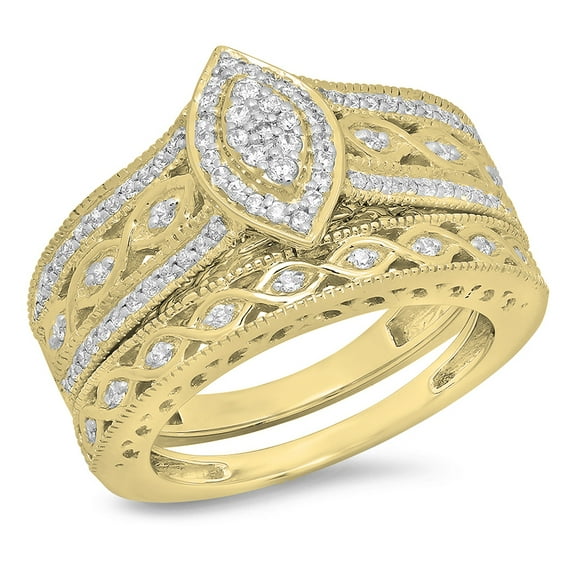 Dazzlingrock Collection 14K Round Blue Sapphire & White Cubic Zirconia CZ Bridal Engagement Ring Set, Yellow Gold, Size 7.5