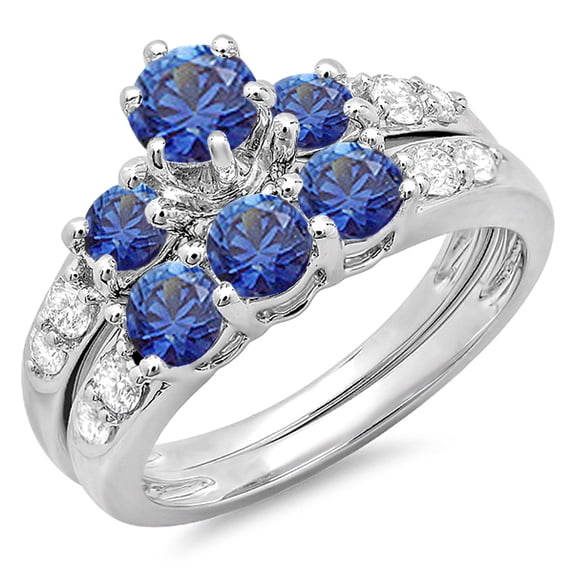 Dazzlingrock Collection 14K Round Blue Sapphire & White Diamond 3 Stone Bridal Engagement Ring Set, White Gold, Size 5.5