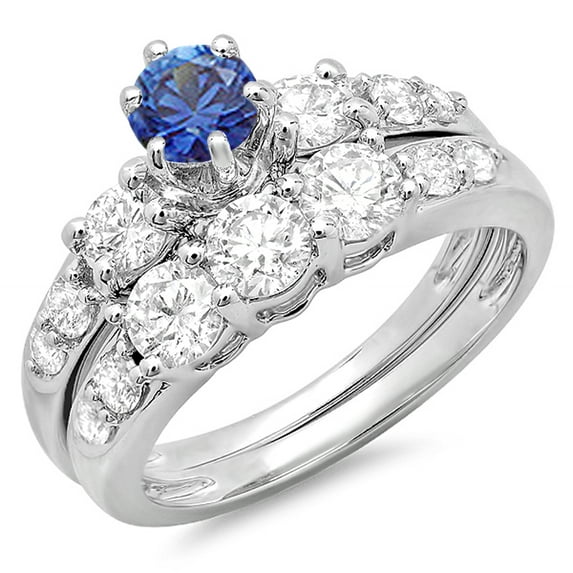 Dazzlingrock Collection 14K Round Blue Sapphire & White Diamond 3 Stone Bridal Engagement Ring Set, White Gold, Size 6