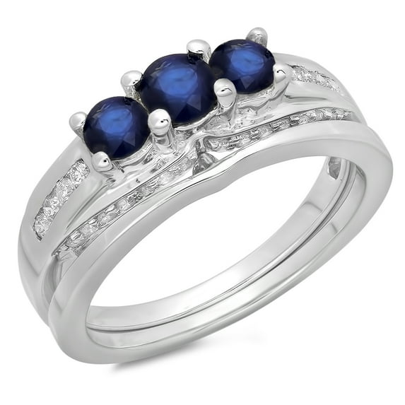 Dazzlingrock Collection 14K Round Blue Sapphire & White Diamond Bridal 3 Stone Engagement Ring Set, White Gold, Size 10