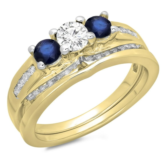 Dazzlingrock Collection 14K Round Blue Sapphire & White Diamond Bridal 3 Stone Engagement Ring Set, Yellow Gold, Size 8