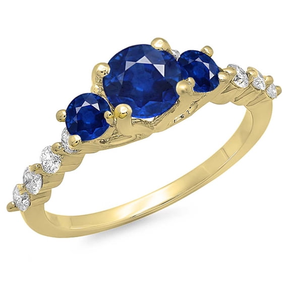 Dazzlingrock Collection 14K Round Blue Sapphire & White Diamond Bridal 3 Stone Engagement Ring, Yellow Gold, Size 6.5