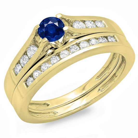 Dazzlingrock Collection 14K Round Blue Sapphire & White Diamond Bridal Engagement Ring Band Set, Yellow Gold, Size 6