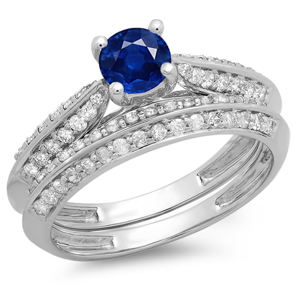Dazzlingrock Collection 14K Round Blue Sapphire & White Diamond Bridal Engagement Ring Matching Band Set, White Gold, Size 9