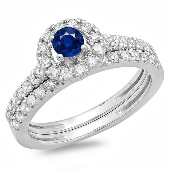 Dazzlingrock Collection 14K Round Blue Sapphire & White Diamond Bridal Halo Engagement Ring Band Set, White Gold, Size 7