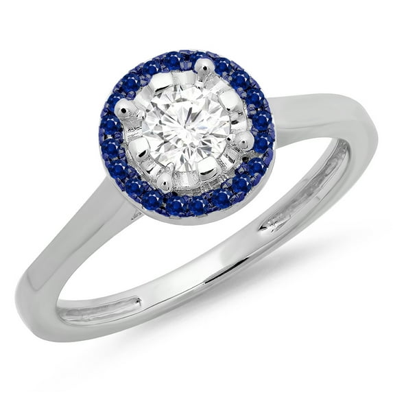 Dazzlingrock Collection 14K Round Blue Sapphire & White Diamond Bridal Halo Style Engagement Ring, White Gold, Size 7