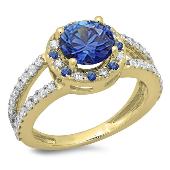 Dazzlingrock Collection 14K Round Blue Sapphire & White Diamond Bridal Split Shank Halo Engagement Ring, Yellow Gold, Size 4