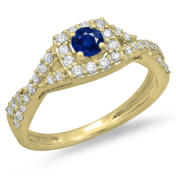 Dazzlingrock Collection 14K Round Blue Sapphire & White Diamond Bridal Split Shank Halo Engagement Ring, Yellow Gold, Size 8