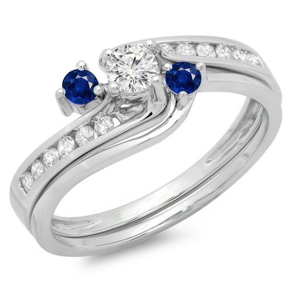 Dazzlingrock Collection 14K Round Blue Sapphire & White Diamond Bridal Swirl Engagement Ring Set, White Gold, Size 9