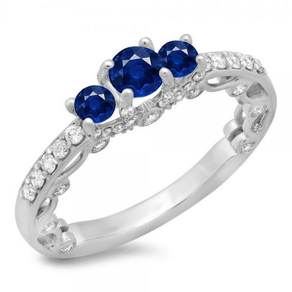 Dazzlingrock Collection 14K Round Blue Sapphire & White Diamond Bridal Vintage 3 Stone Engagement Ring, White Gold, Size 7.5