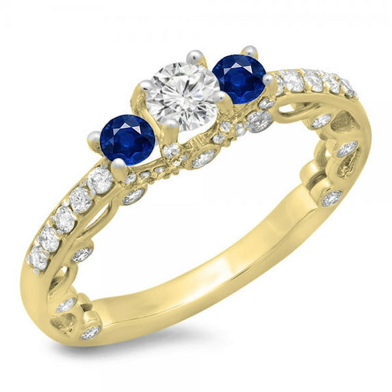 Dazzlingrock Collection 14K Round Blue Sapphire & White Diamond Bridal Vintage 3 Stone Engagement Ring, Yellow Gold, Size 7.5