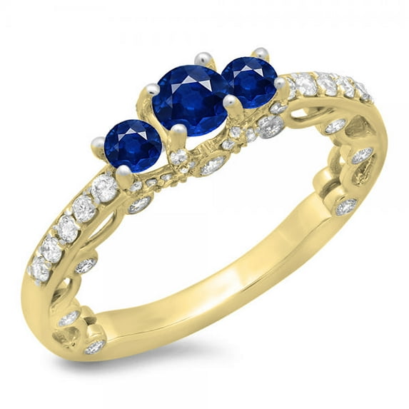 Dazzlingrock Collection 14K Round Blue Sapphire & White Diamond Bridal Vintage 3 Stone Engagement Ring, Yellow Gold, Size 8.5