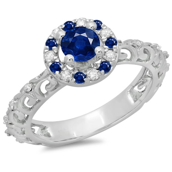 Dazzlingrock Collection 14K Round Blue Sapphire & White Diamond Bridal Vintage Halo Engagement Ring, White Gold, Size 7