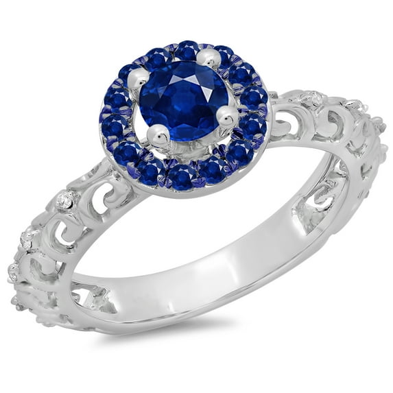 Dazzlingrock Collection 14K Round Blue Sapphire & White Diamond Bridal Vintage Halo Engagement Ring, White Gold, Size 8