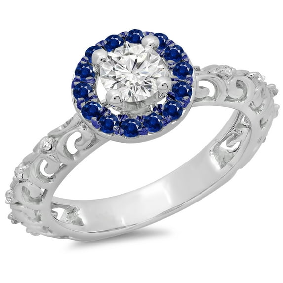 Dazzlingrock Collection 14K Round Blue Sapphire & White Diamond Bridal Vintage Halo Engagement Ring, White Gold, Size 9.5