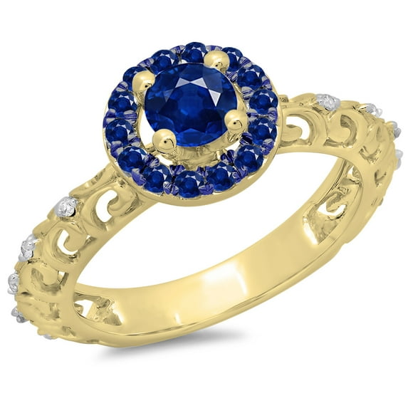 Dazzlingrock Collection 14K Round Blue Sapphire & White Diamond Bridal Vintage Halo Engagement Ring, Yellow Gold, Size 9