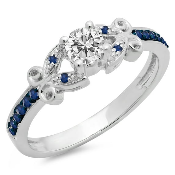 Dazzlingrock Collection 14K Round Blue Sapphire & White Diamond Bridal Vintage Style Engagement Ring, White Gold, Size 8.5