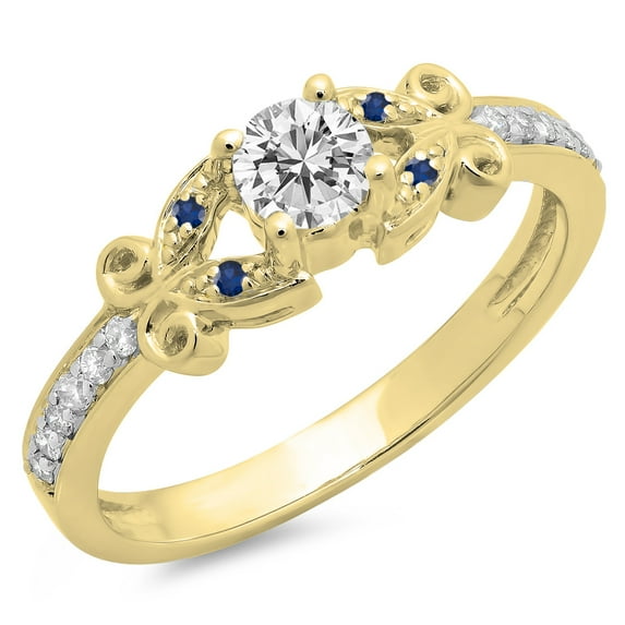 Dazzlingrock Collection 14K Round Blue Sapphire & White Diamond Bridal Vintage Style Engagement Ring, Yellow Gold, Size 7