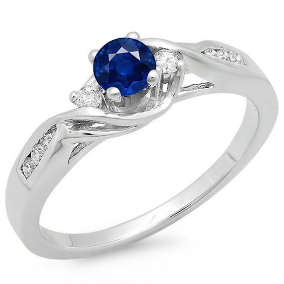 Dazzlingrock Collection 14K Round Blue Sapphire & White Diamond Crossover 3 Stone Engagement Ring, White Gold, Size 6