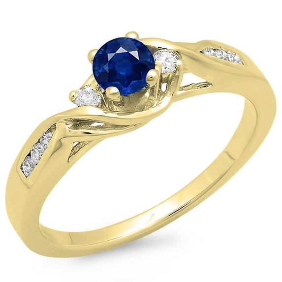 Dazzlingrock Collection 14K Round Blue Sapphire & White Diamond Crossover 3 Stone Engagement Ring, Yellow Gold, Size 8.5