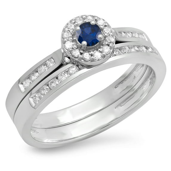 Dazzlingrock Collection 14K Round Blue Sapphire & White Diamond Halo Style Bridal Engagement Ring Set, White Gold, Size 8.5